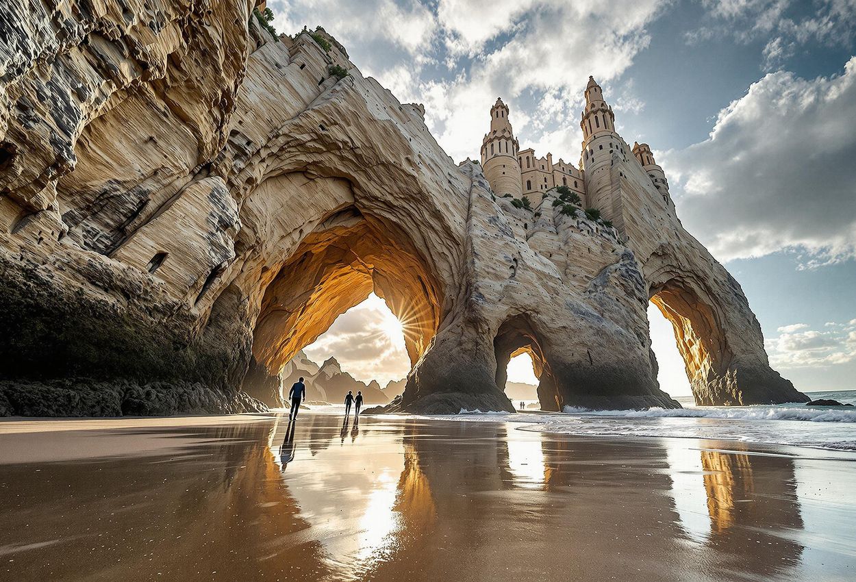 A stunning photograph captures the majestic rock formations of Praia As Catedrais in Ribadeo, Spain, during low tide, showcasing nature