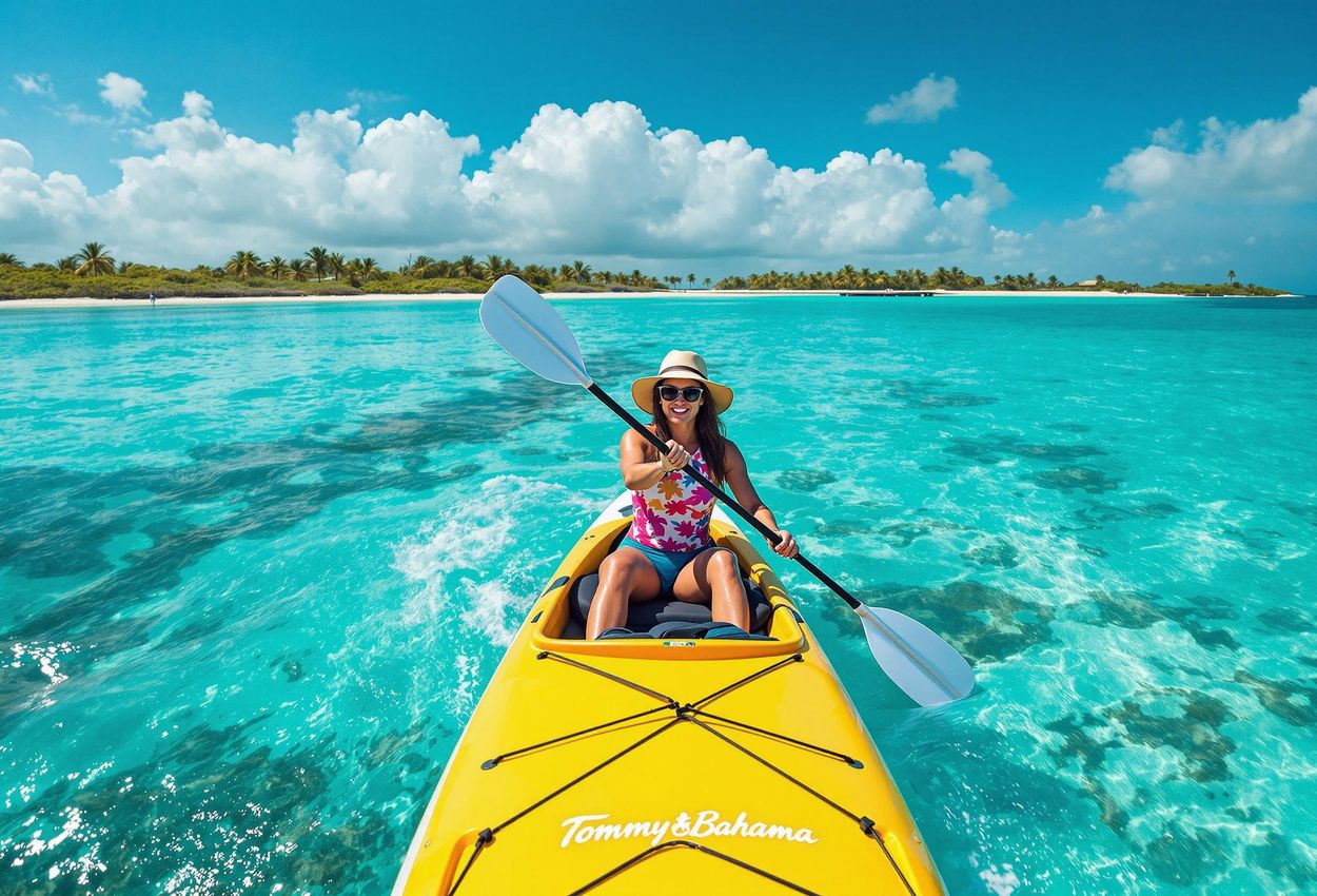 A stunning photograph capturing a kayaker exploring the turquoise waters and vibrant coral reefs of the Exuma Cays, Bahamas. An unforgettable scene of adventure and natural beauty.