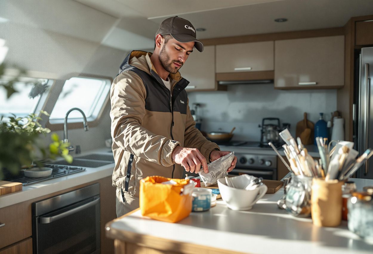 A sailor is carefully sorting recyclable and non-recyclable waste on a sailboat, promoting responsible waste-reduction practices in a clean and organized galley.