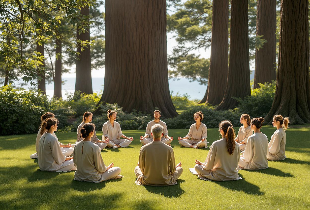 A photograph capturing a peaceful meditation session at Ratna Ling Retreat Center in Sonoma County, California, surrounded by towering redwood trees and the distant Pacific Ocean.