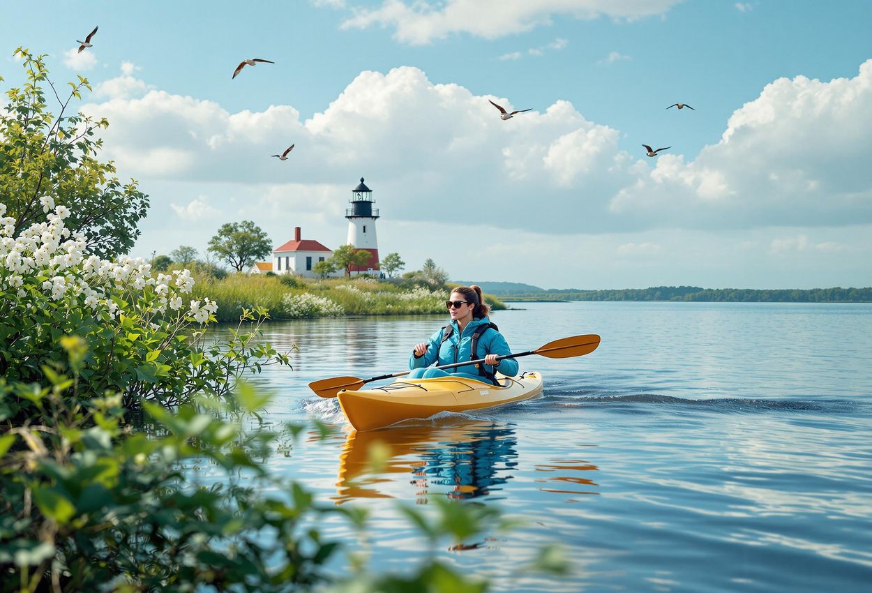 A serene image of a kayaker paddling along the Chesapeake Bay Water Trail, with the historic Thomas Point Shoal Lighthouse in the distance. Lush spring vegetation lines the shoreline, creating a peaceful and tranquil scene.