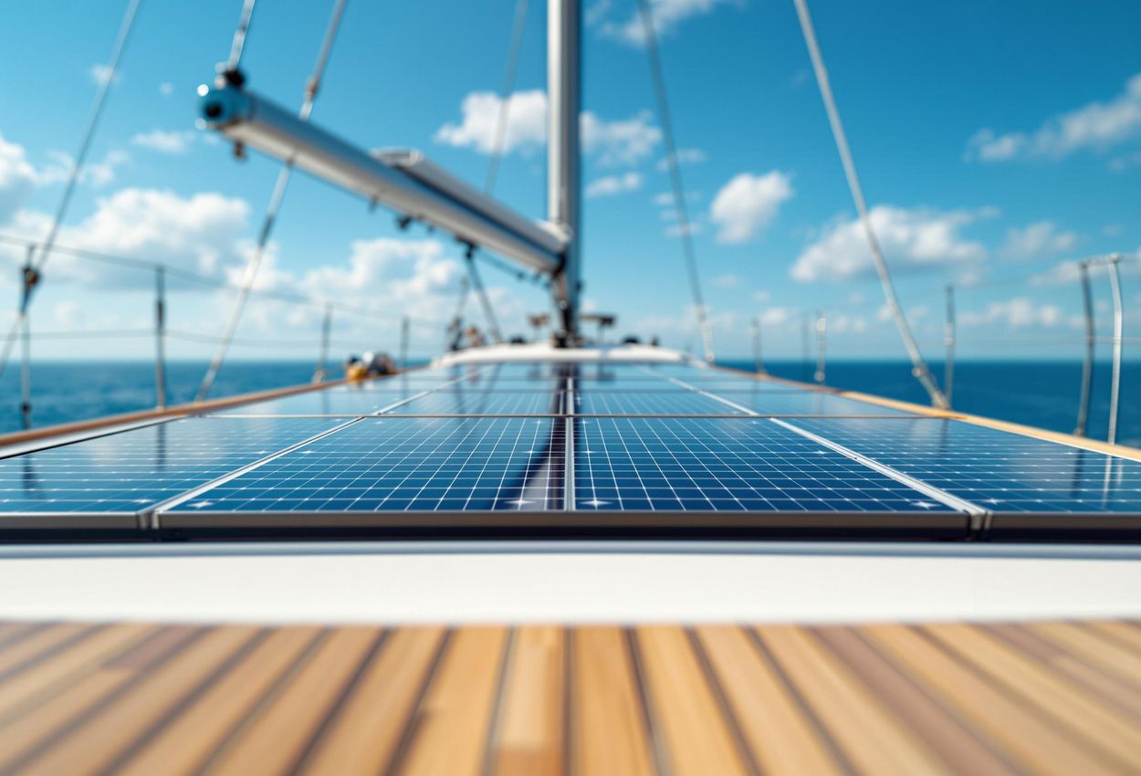A close-up photograph showcasing state-of-the-art solar panels seamlessly integrated into a luxury sailboat, generating clean, renewable energy under a clear blue sky.