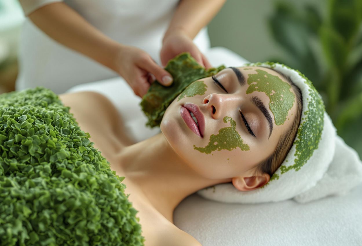 A close-up photograph captures a woman receiving a therapeutic seaweed wrap at a high-end spa, highlighting the natural textures and calming ambiance.