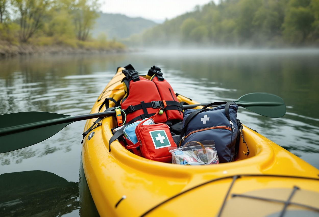 A detailed photograph showcasing essential kayaking safety gear neatly arranged in a kayak cockpit, emphasizing preparedness and responsibility for a safe and enjoyable spring kayaking experience.