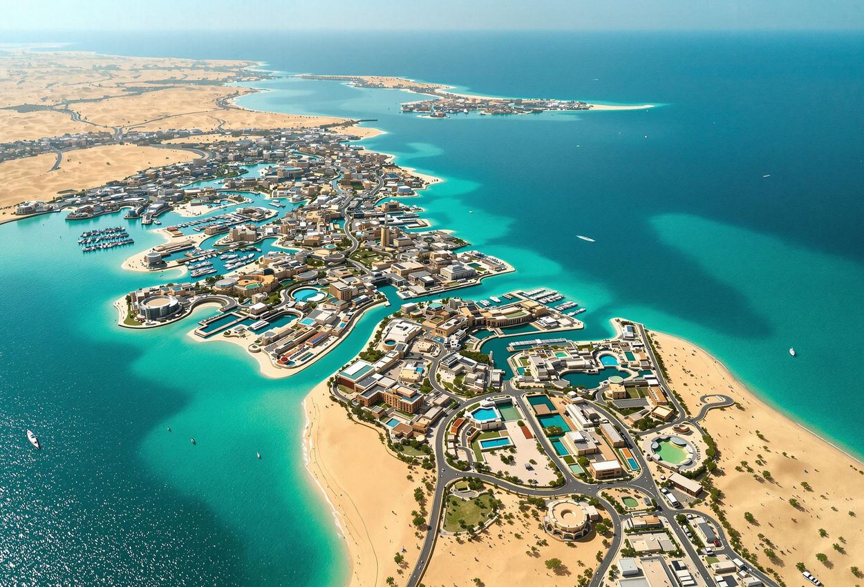 Aerial View of Sustainable El Gouna, Egypt An aerial photograph captures the beauty and sustainability of El Gouna, Egypt, showcasing its intricate canals, eco-friendly infrastructure, and vibrant Red Sea coastline.