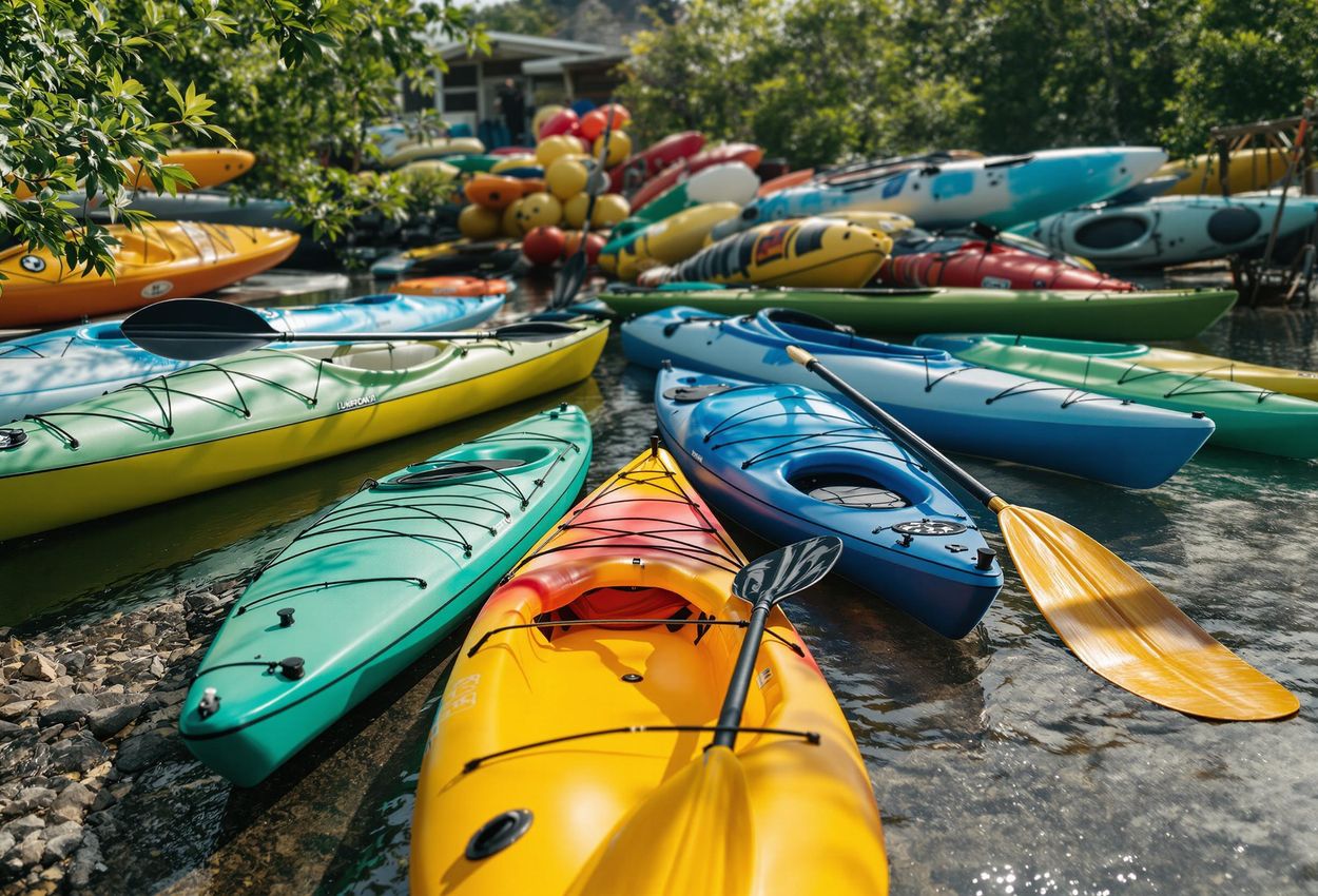A detailed photograph showcasing various types of kayaks and paddles, including recreational, touring, sea, and inflatable models. Ideal for choosing the right equipment.