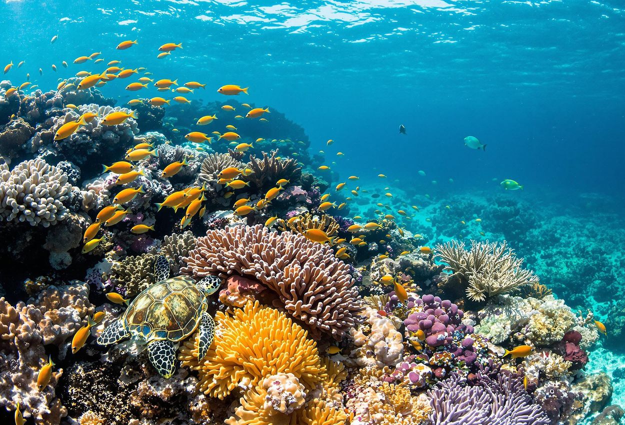 Thriving Coral Reef in Bonaire: A Vibrant Underwater Ecosystem An underwater photograph capturing the stunning biodiversity and health of a coral reef in Bonaire, showcasing colorful fish, sea turtles, and the reef