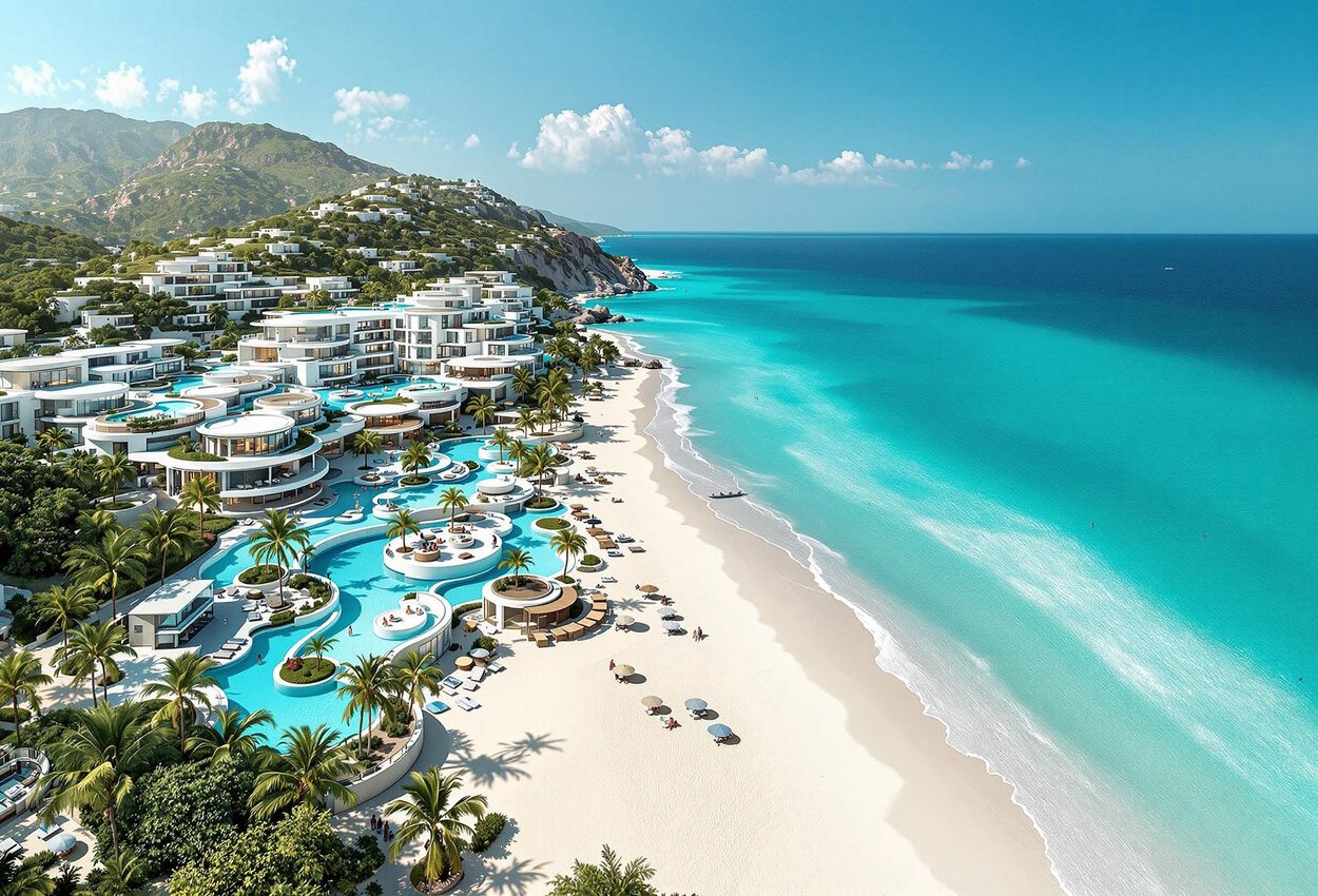 Aerial photograph of a luxurious thalassotherapy spa resort located on a beautiful coastline, featuring swimming pools, treatment facilities, and white sand beaches alongside a clear turquoise ocean.
