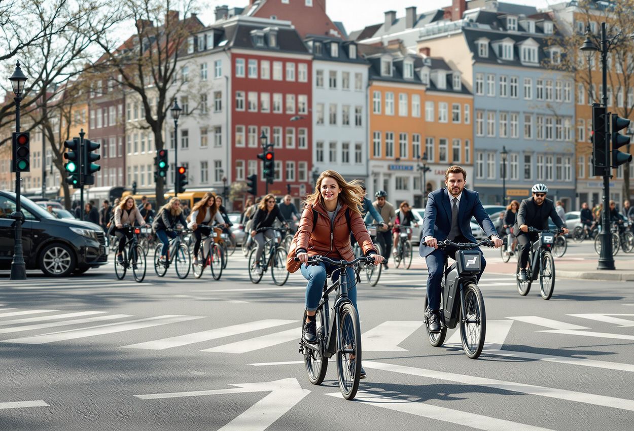 Copenhagen Cycling Culture: A Sustainable Urban Commute A street-level photograph capturing the vibrant cycling culture of Copenhagen, Denmark, showcasing its cycle-friendly infrastructure and the ease of sustainable transportation.
