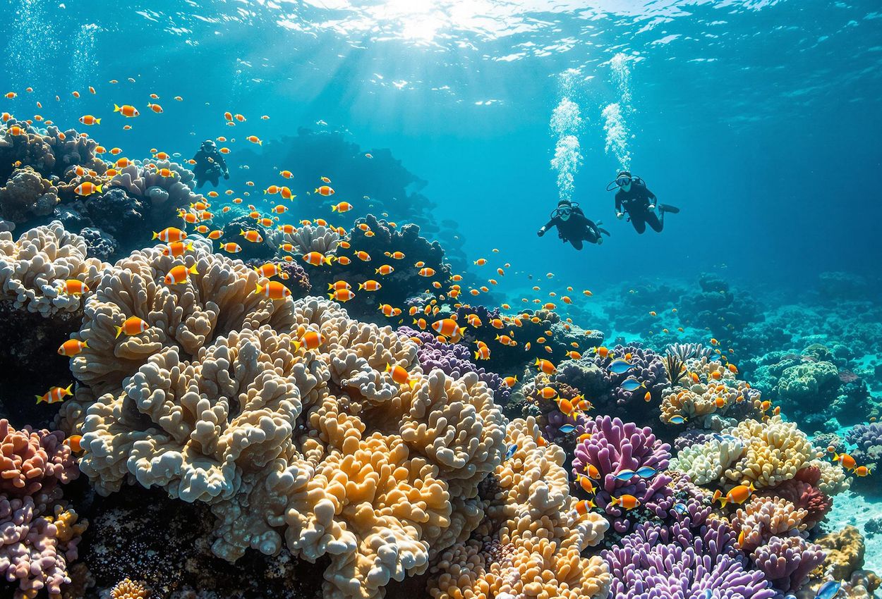 A panoramic photograph showcases a thriving coral reef in Raja Ampat, Indonesia, teeming with colorful fish and marine life. Two divers explore the reef, highlighting the importance of conservation efforts.