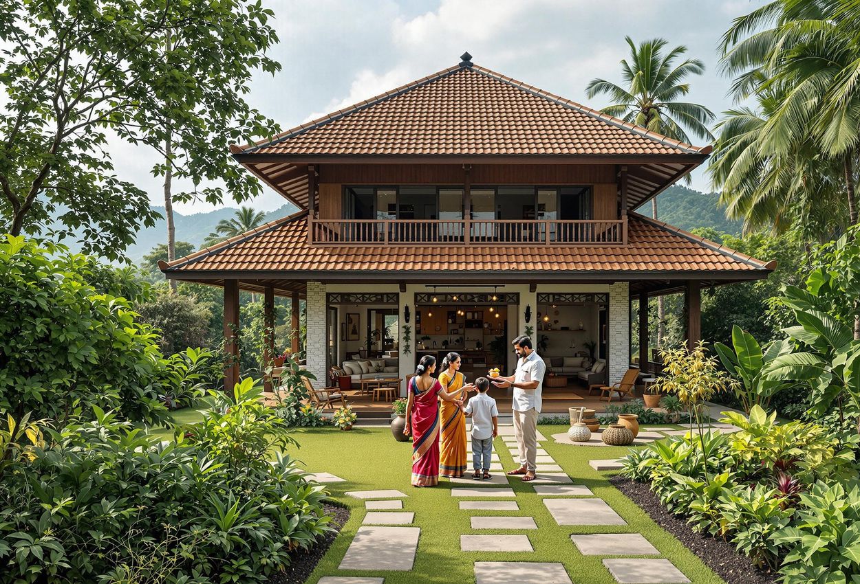 Kerala Homestay: Sustainable Living in Traditional India A photograph of a Kerala homestay showcasing its traditional architecture, eco-friendly features, and integration with the local community. The image highlights the warmth and hospitality of the hosts and the beauty of sustainable travel.