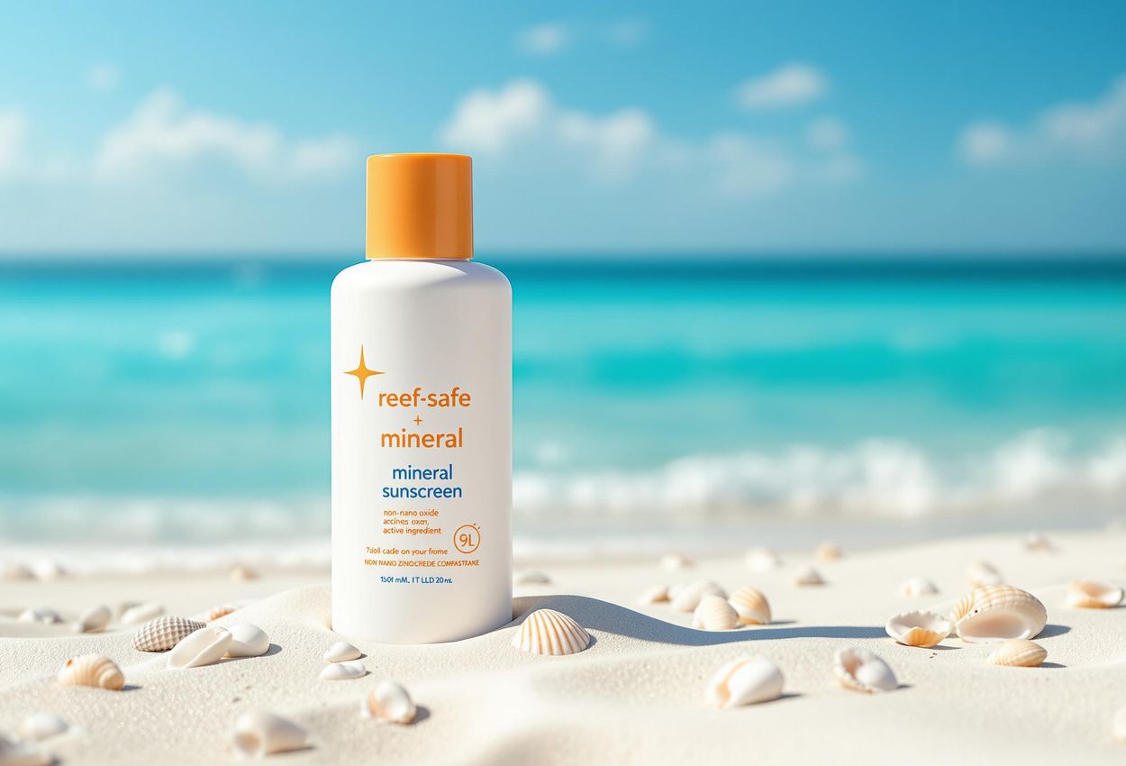 A close-up photograph of a mineral sunscreen bottle on a white sand beach, highlighting its reef-safe properties and natural ingredients.