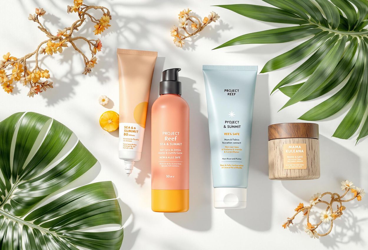 A studio shot showcasing various reef-safe sunscreen brands, including Project Reef, Sea & Summit, Thrive Natural Care, and Mama Kuleana, highlighting their packaging and key ingredients.