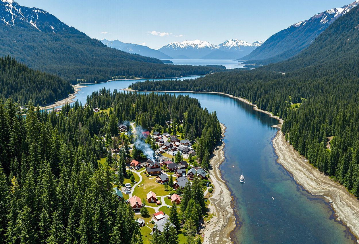 An aerial photograph showcases the stunning Great Bear Rainforest in British Columbia, Canada, featuring its lush forests, winding rivers, and a traditional First Nations village.
