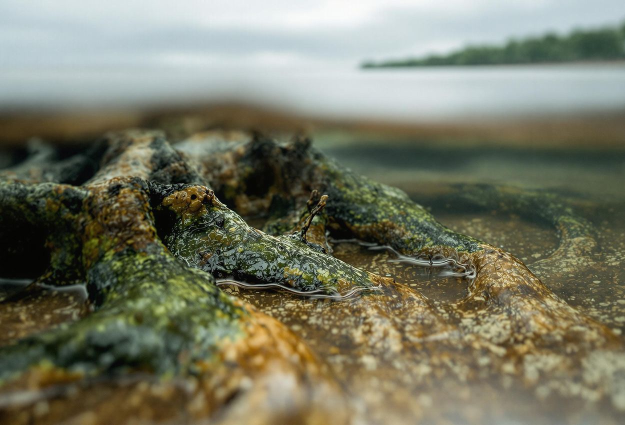 A close-up photograph shows mangrove roots being inundated by rising sea levels. The murky water and algae-covered roots highlight the impact of climate change.
