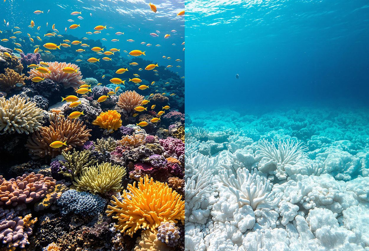 A powerful underwater photograph vividly contrasting a healthy, vibrant coral reef with a bleached, lifeless one, highlighting the devastating effects of environmental stressors.