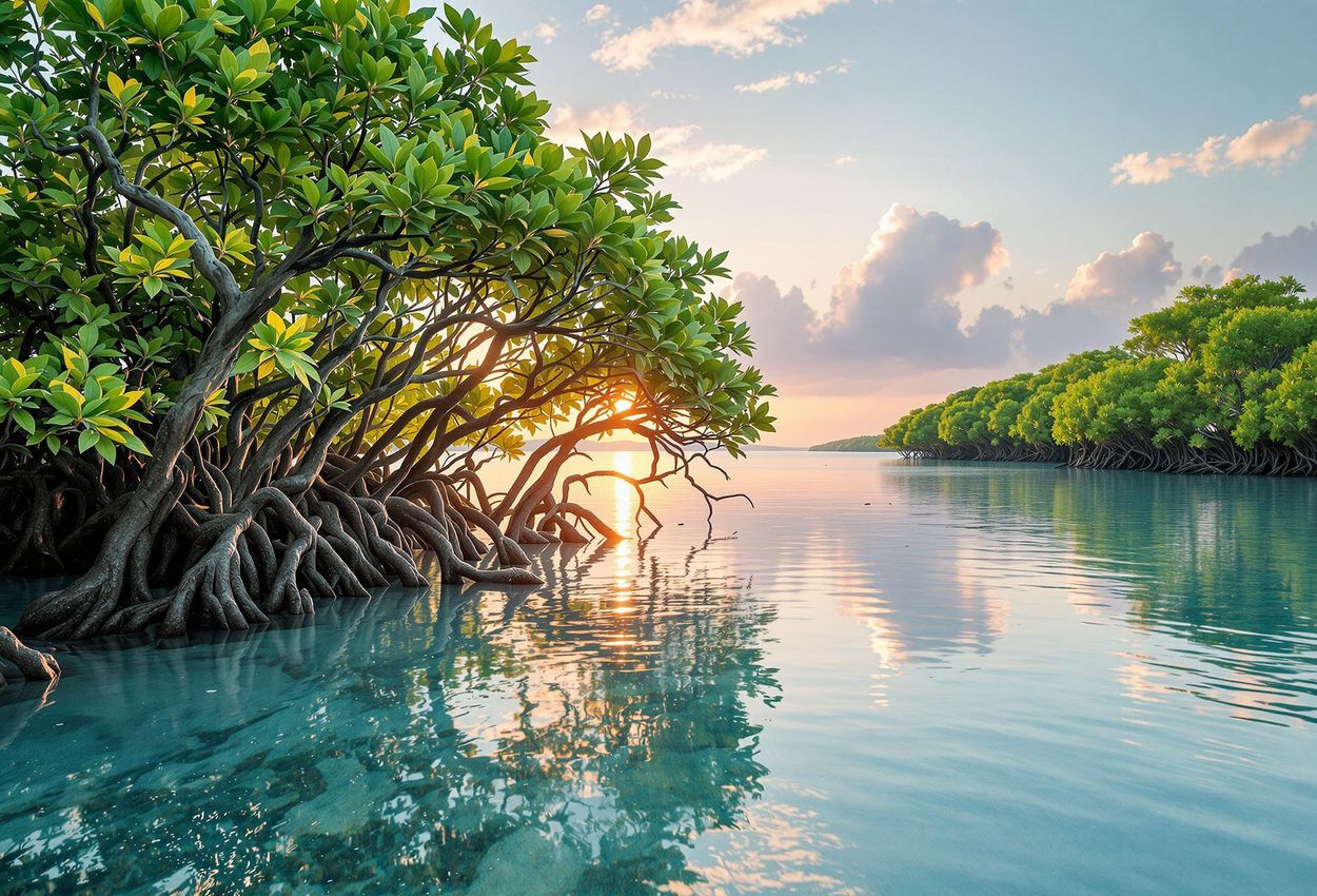 A stunning photograph capturing the tranquil beauty of a mangrove forest at sunrise, showcasing its intricate root systems and vital role in coastal protection.