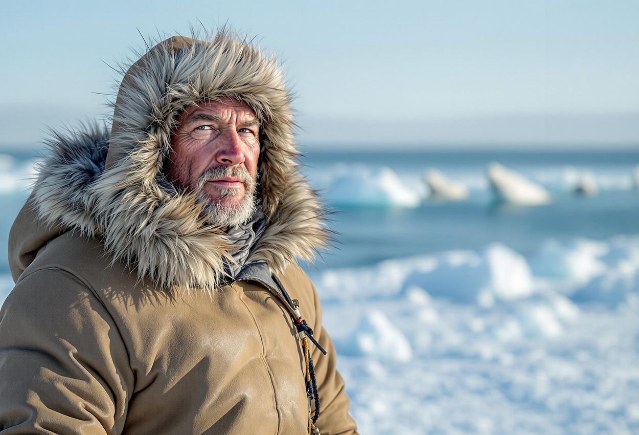 A portrait of an Inuit hunter standing on the frozen sea ice of Tallurutiup Imanga, Nunavut, with beluga whales breaching in the background. The image captures the resilience and adaptation of indigenous people in the Arctic.