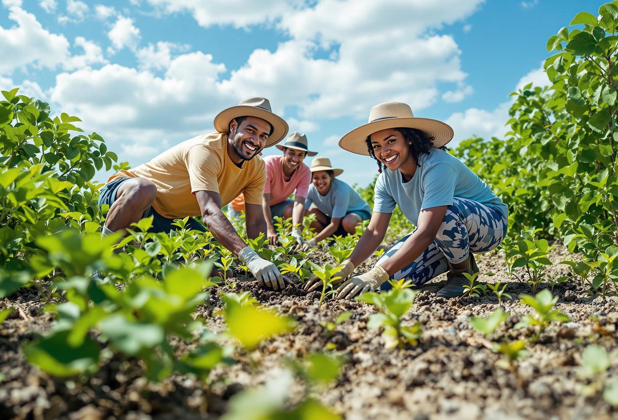 A vibrant photograph capturing volunteers planting mangrove seedlings, showcasing community involvement and environmental restoration efforts in a lush coastal setting.