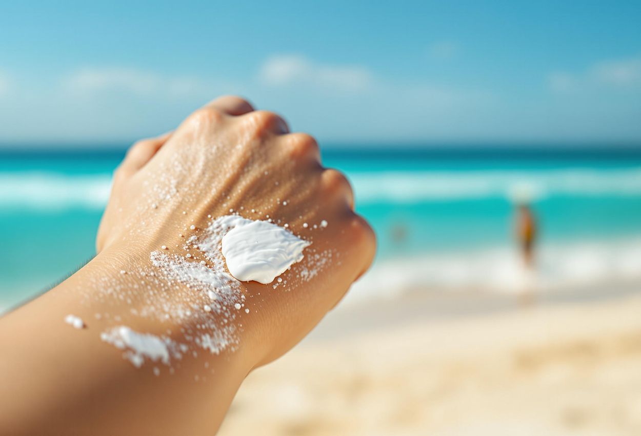 A detailed photograph showcasing the application of sunscreen on an arm, set against a blurred beach backdrop, emphasizing the importance of sun protection.