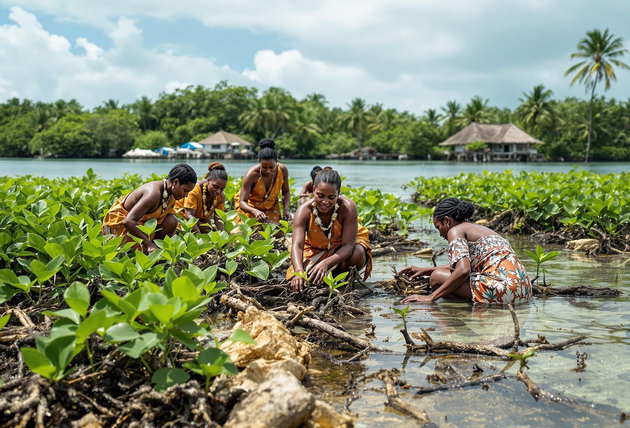 A photograph captures indigenous women in the Solomon Islands working together to restore a mangrove forest, showcasing community-based resource management and environmental stewardship.