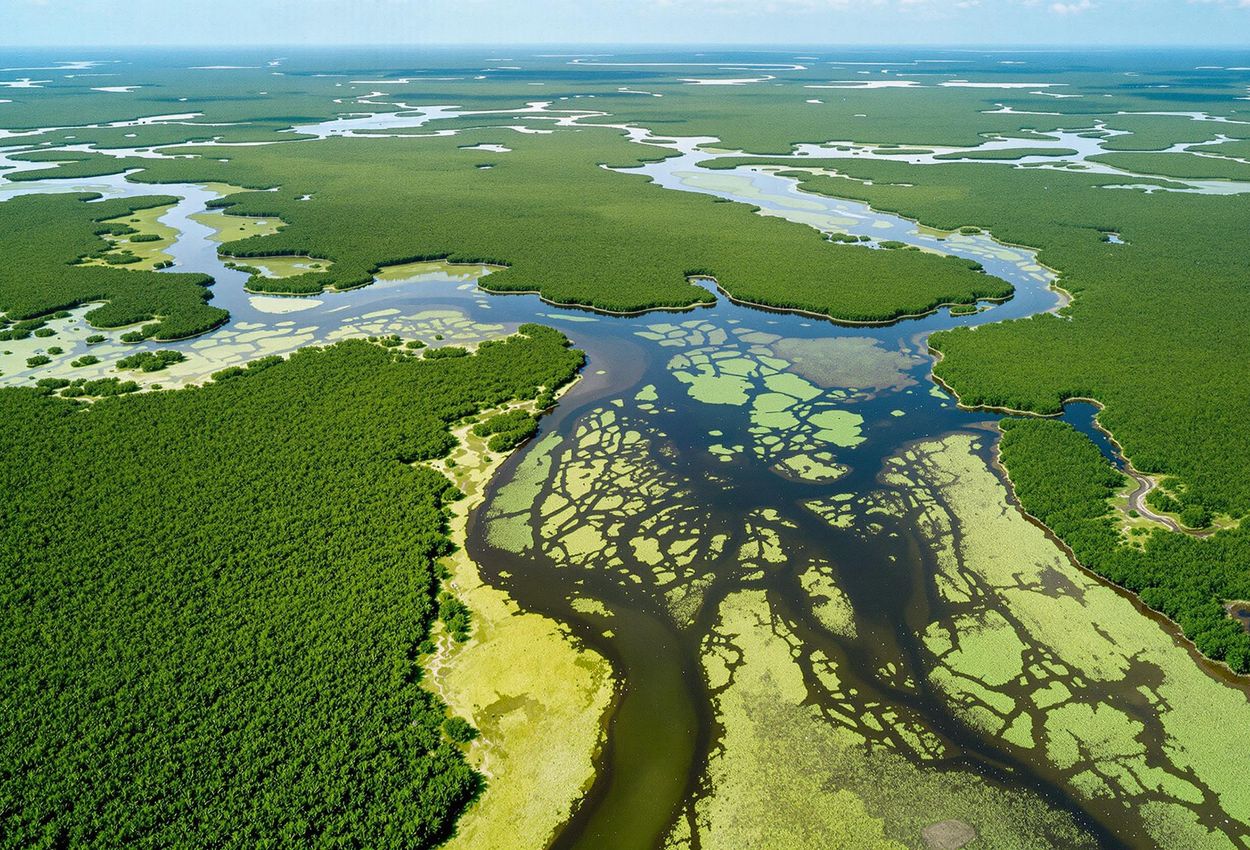 A stunning aerial photograph showcases the intricate ecosystem of the Everglades, Florida, highlighting the interconnectedness of mangrove forests, freshwater marshes, and seagrass beds.