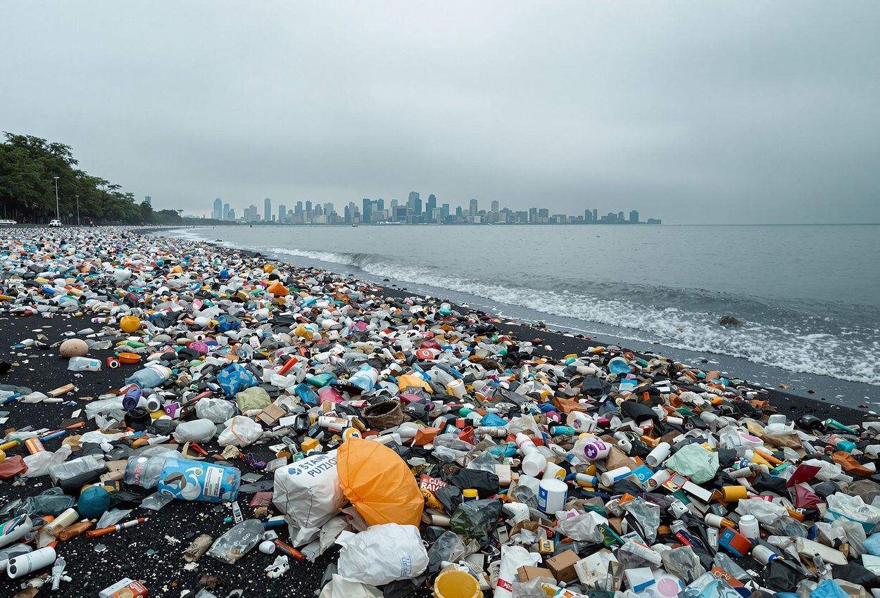 A wide-angle photograph capturing the stark reality of plastic pollution on a beach in Manila Bay, Philippines, highlighting the urgent need for waste management solutions.