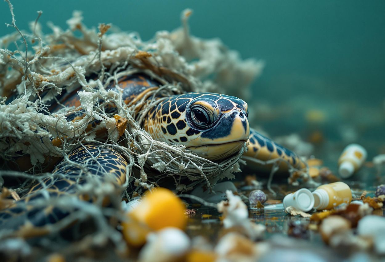 A close-up photograph of a sea turtle struggling against a discarded fishing net in the polluted waters of the Mediterranean Sea.