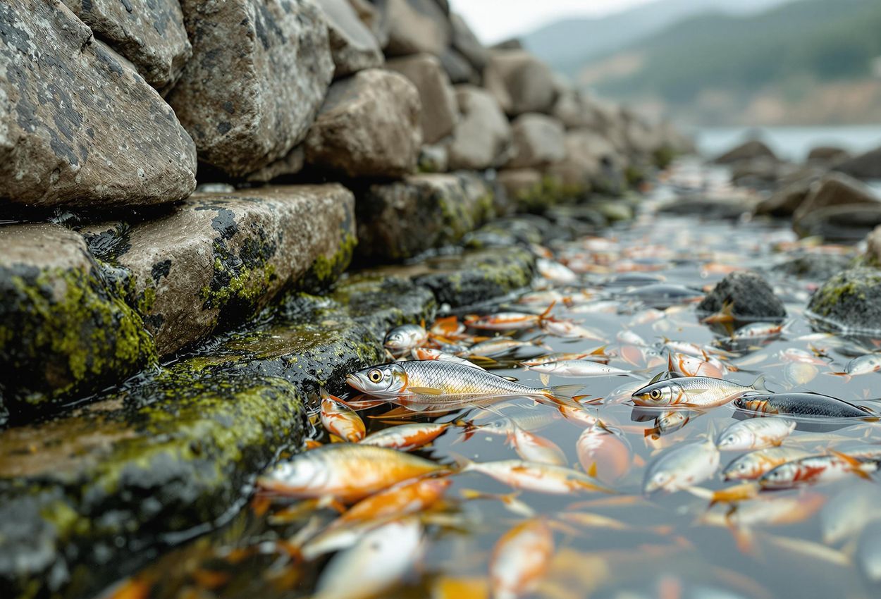 A close-up photograph of a traditional stone tidal weir, used for sustainable fishing by an indigenous fisherman. The image captures the ingenuity and enduring value of this ancient practice.