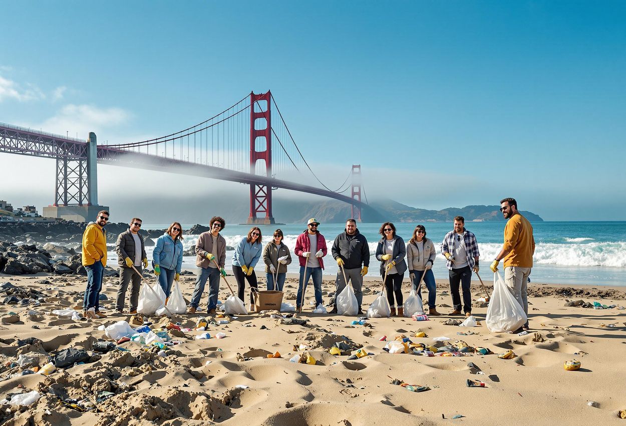 A photograph capturing a diverse group of volunteers participating in a beach cleanup at Baker Beach in San Francisco, with the Golden Gate Bridge in the background. The image conveys a sense of community and positive action.