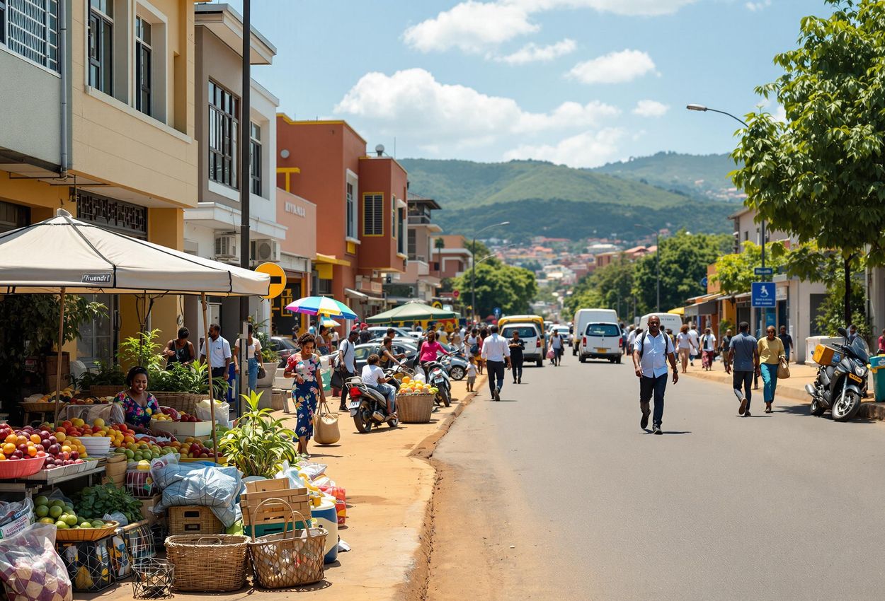 A photograph capturing a clean and orderly street scene in Kigali, Rwanda on April 1, 2025, showcasing the city