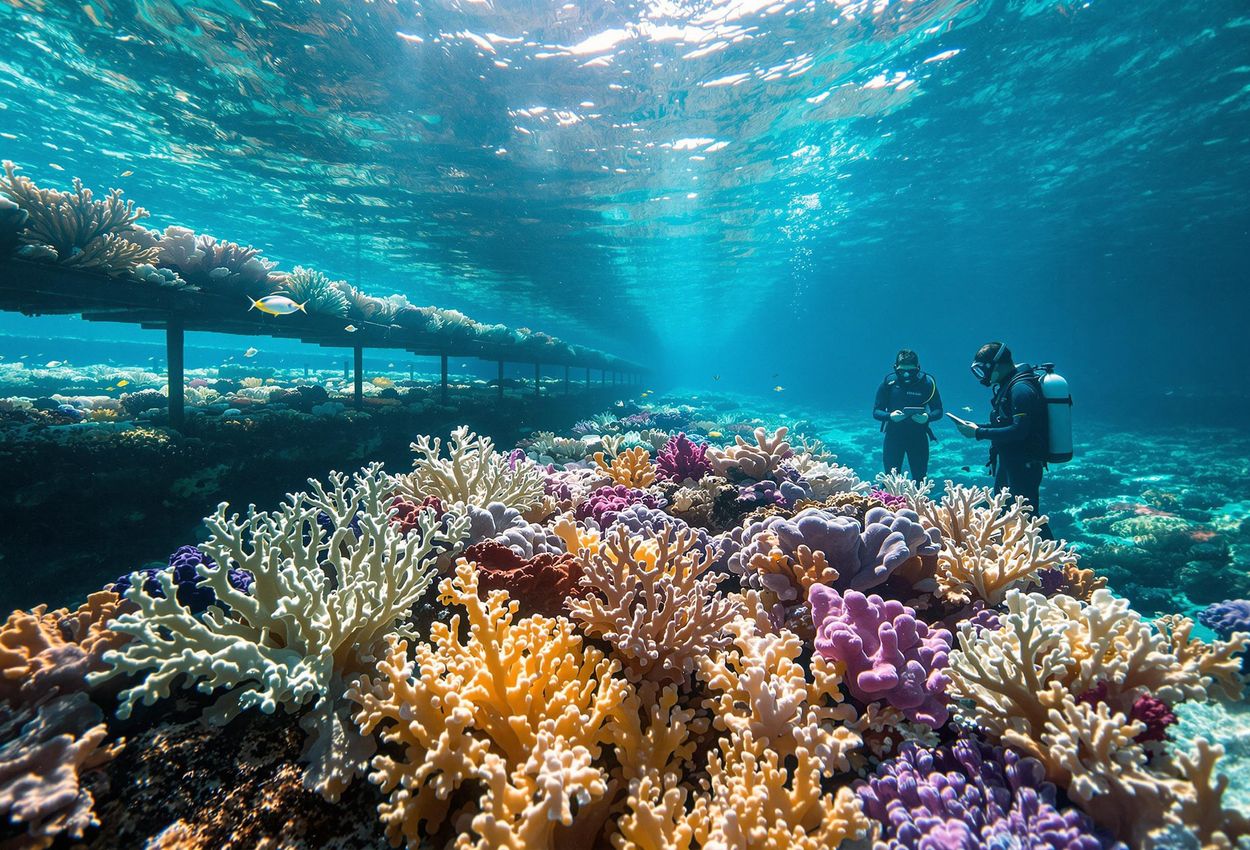 A wide-angle photograph captures the interior of a coral nursery, showcasing rows of coral fragments, marine life, and scientists tending to the corals in crystal-clear water.