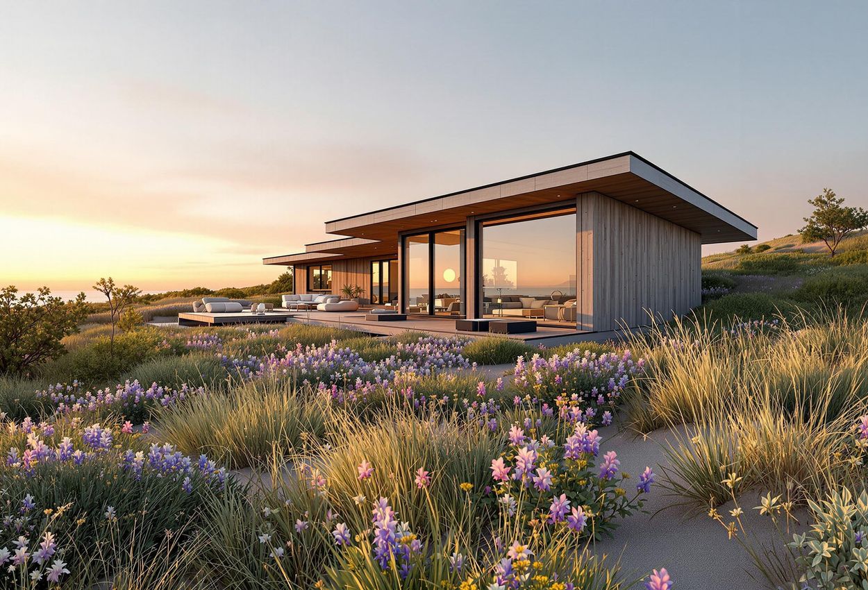 A wide-angle photograph captures a modern coastal home surrounded by dunes and native vegetation. The sun sets, casting a warm glow over the scene.