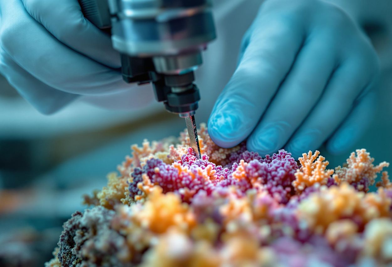 A detailed macro photograph showcasing coral microfragmentation in action at the KAUST Coral Restoration Initiative, highlighting the precision and skill of coral husbandry specialists.