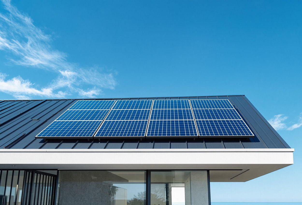 A close-up photograph of solar panels seamlessly integrated into the roof of a modern coastal home on a sunny day. The sleek design and clear blue sky showcase sustainable luxury and technological advancement.