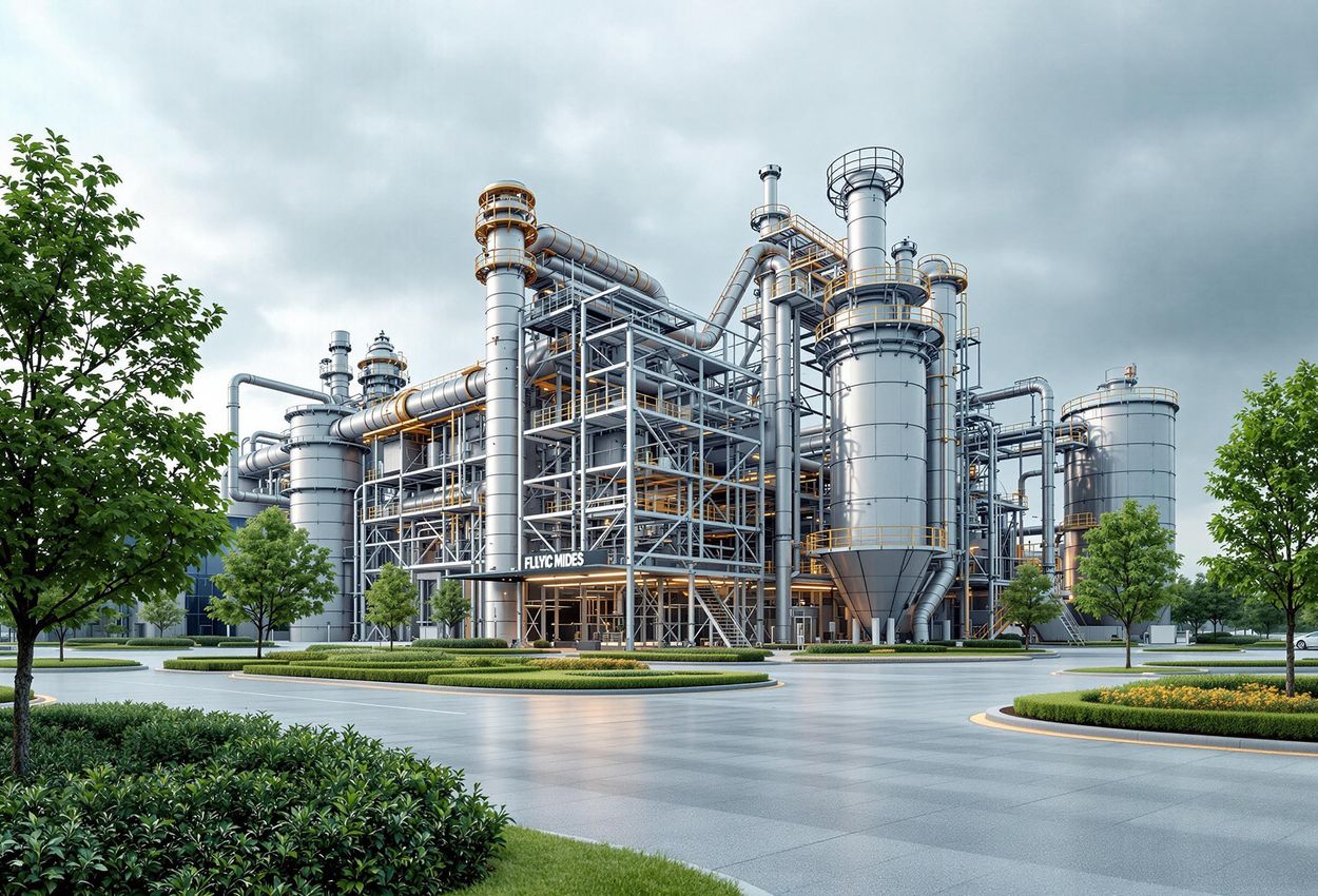 A photograph showcasing a technologically advanced chemical recycling plant, highlighting its potential to reduce plastic waste and promote environmental sustainability.