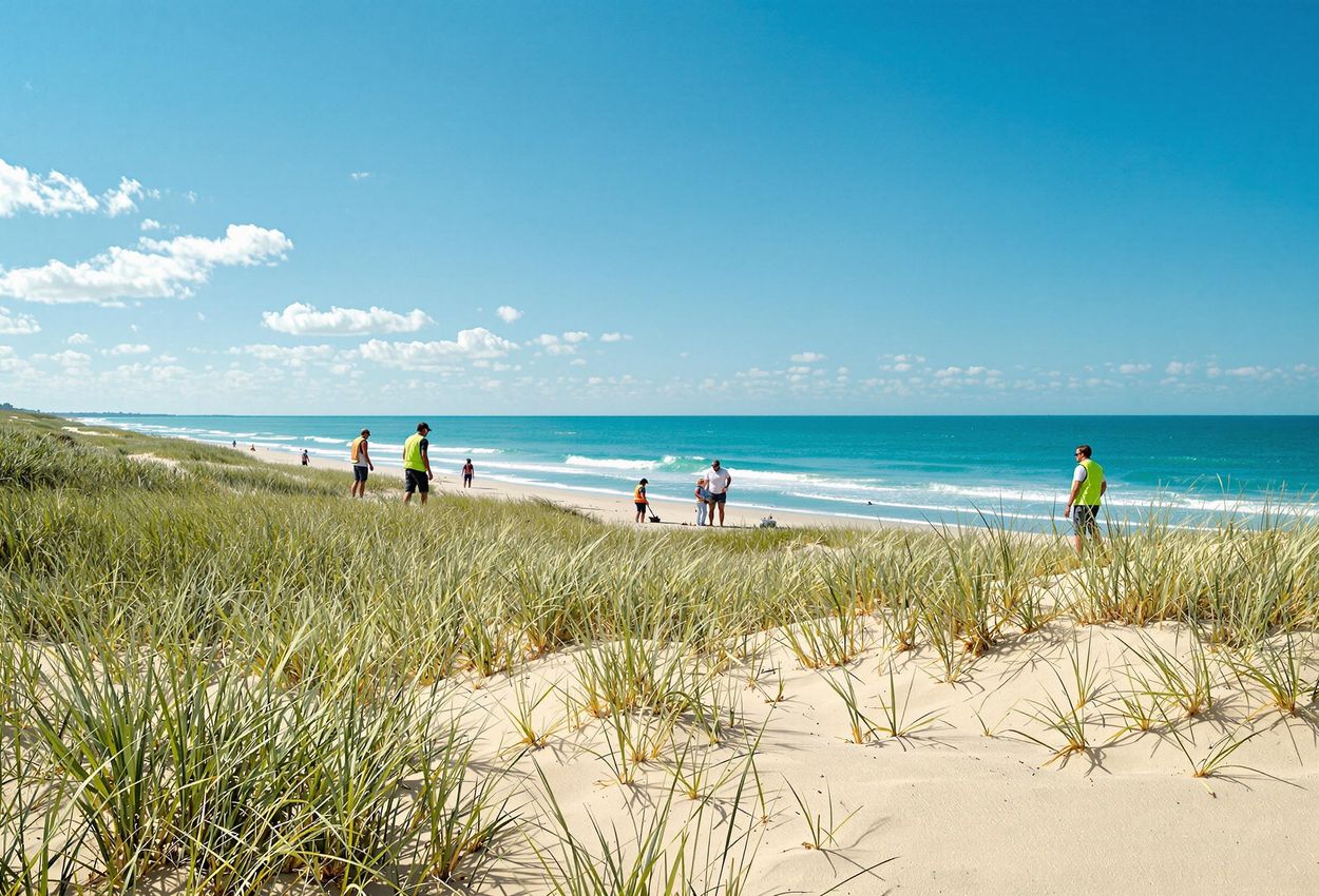 Coastal Stewardship: Volunteers Planting Sea Oats on Outer Banks, NC A serene photograph capturing volunteers planting sea oats on the Outer Banks, North Carolina, promoting dune stabilization and environmental conservation.