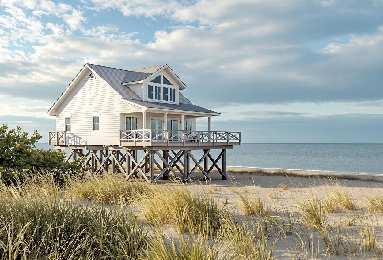 An elevated photograph of a resilient stilt house in Sandbridge, Virginia Beach, showcasing its architectural design and integration with the coastal environment.