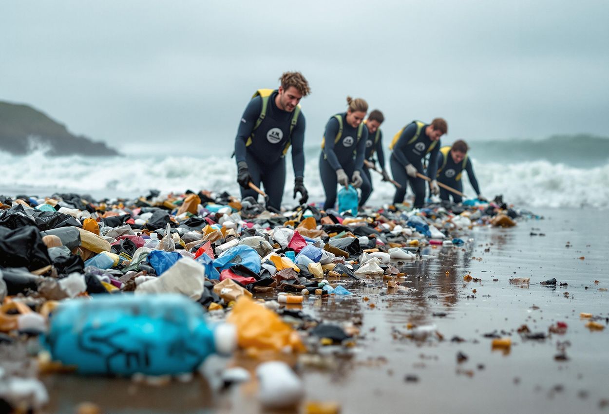 A group of Surfers Against Sewage volunteers are shown cleaning up plastic waste on Polzeath Beach in Cornwall, UK. The overcast lighting and determined expressions of the volunteers convey a sense of community and environmental activism.