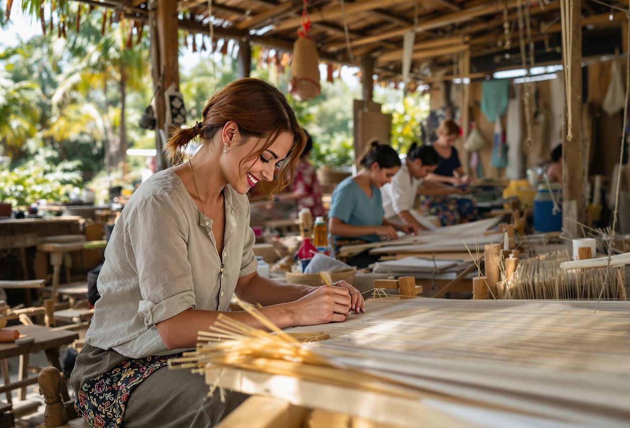 Cultural Exchange: Artisans and Volunteers Weaving Traditions in the Philippines A photograph capturing a candid moment of cultural exchange in the Philippines, showcasing volunteers learning traditional weaving techniques from local artisans in a sun-drenched workshop. The image highlights the warmth, authenticity, and community empowerment of this collaborative experience.