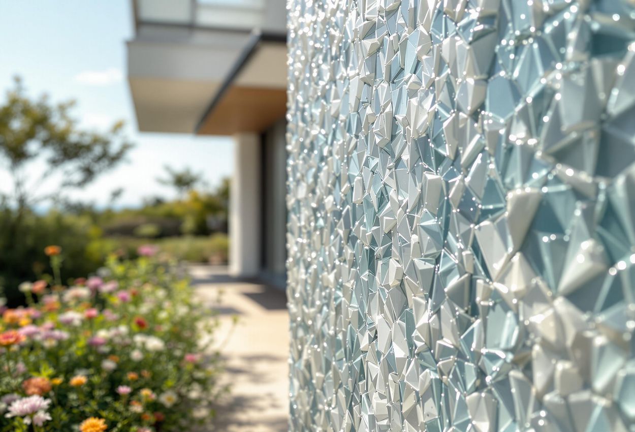 A close-up photograph showcasing the innovative use of recycled plastic panels in the exterior design of a coastal home, highlighting sustainable architecture.