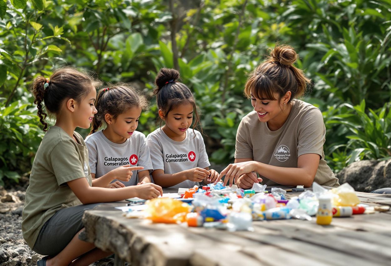 A photograph of children in the Galapagos Islands participating in an educational program about plastic pollution, highlighting the importance of environmental awareness.