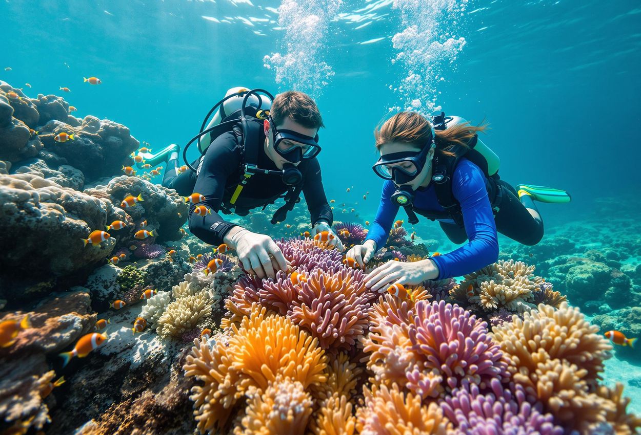 Coral Reef Restoration in Thailand: A Vibrant Underwater Scene An underwater photograph depicting volunteers planting coral fragments on an artificial reef in Thailand. The scene is teeming with colorful marine life and bathed in natural sunlight.
