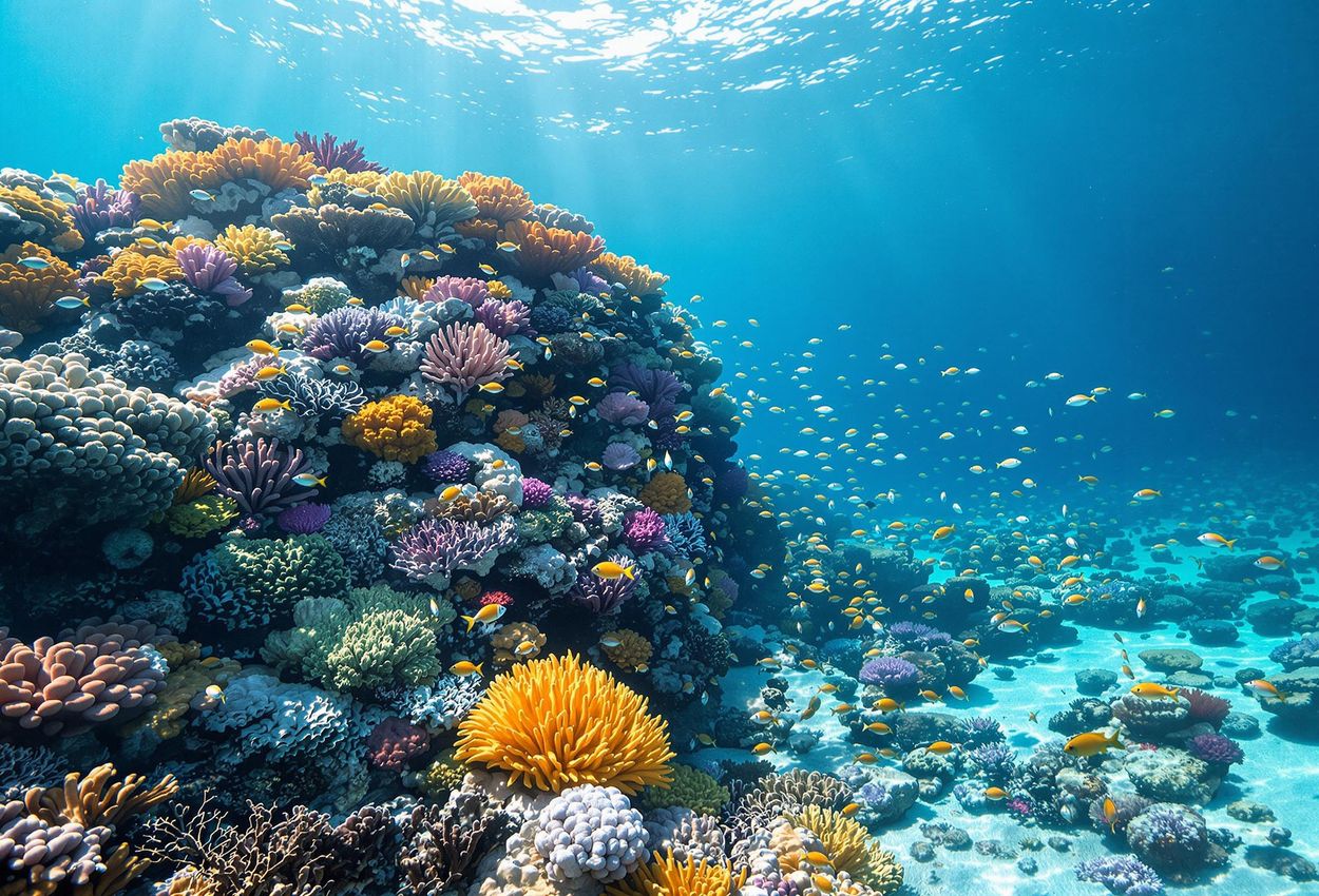 An underwater photograph showcases a vibrant Biorock structure teeming with colorful corals and marine life in the crystal-clear waters of the Maldives.