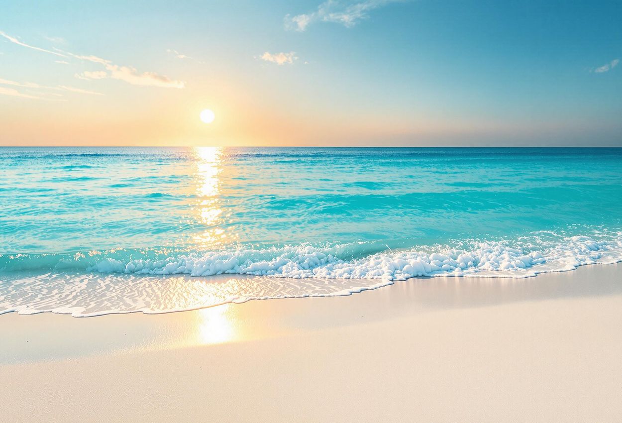 A photograph of a clean, sandy beach with clear blue water under a sunny sky at golden hour, conveying peace and tranquility.