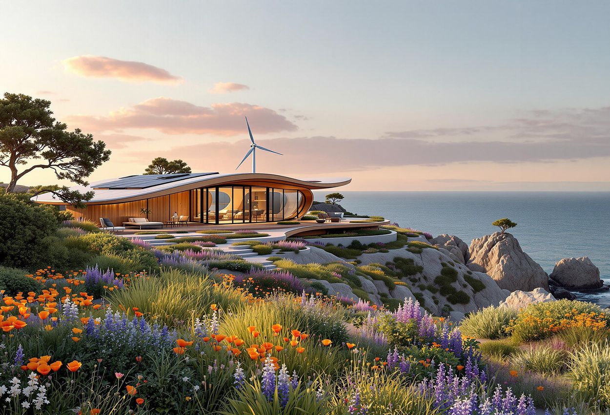 A wide-angle photograph captures a modern, sustainable home nestled on the coast, powered by renewable energy and surrounded by a vibrant spring garden at sunset.
