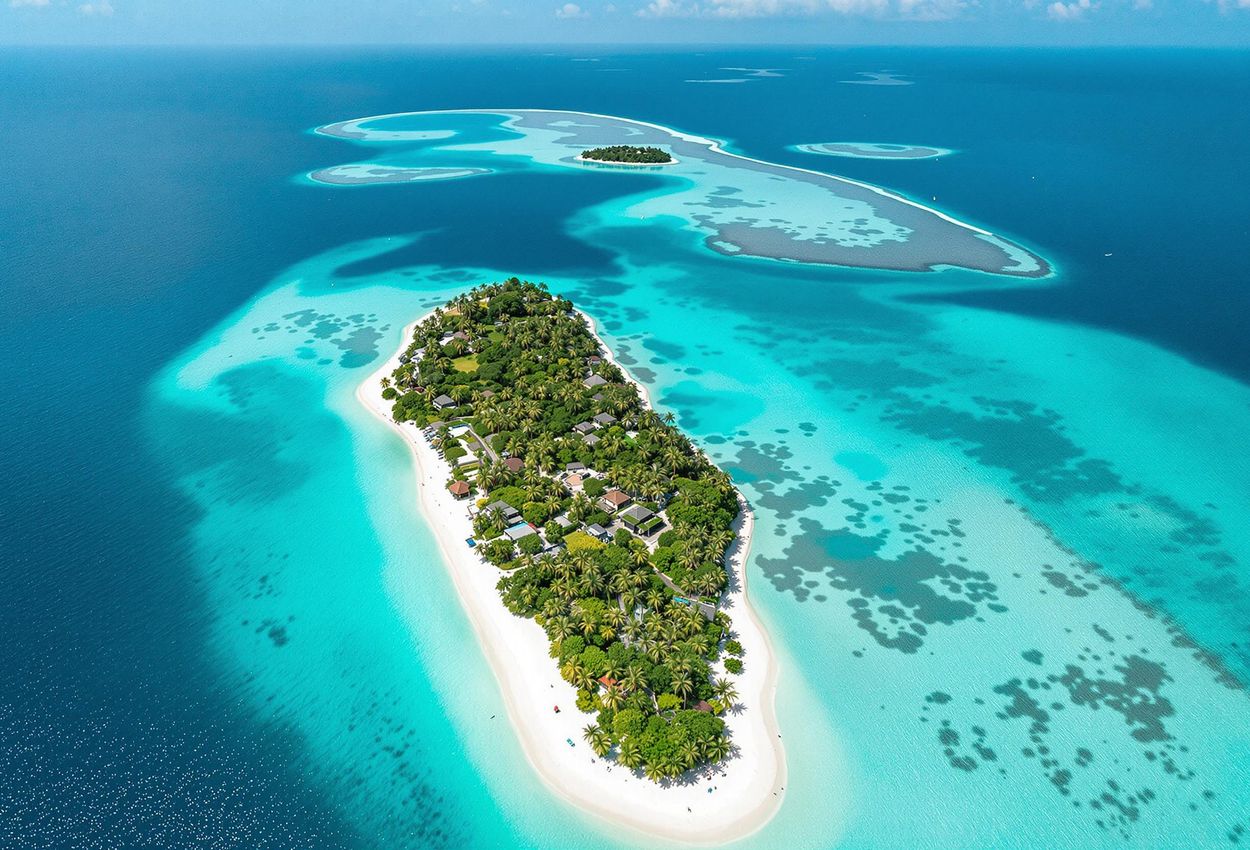 An aerial photograph capturing the breathtaking beauty of Tetiaroa Atoll in French Polynesia, showcasing its vibrant turquoise lagoon, lush green islets, and pristine coral reefs.