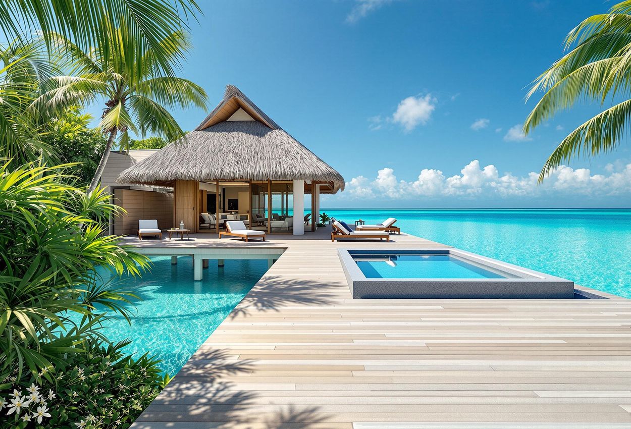 A stunning photograph of a luxurious overwater villa at The Brando in Tetiaroa, showcasing its seamless integration with the turquoise lagoon and surrounding tropical paradise.