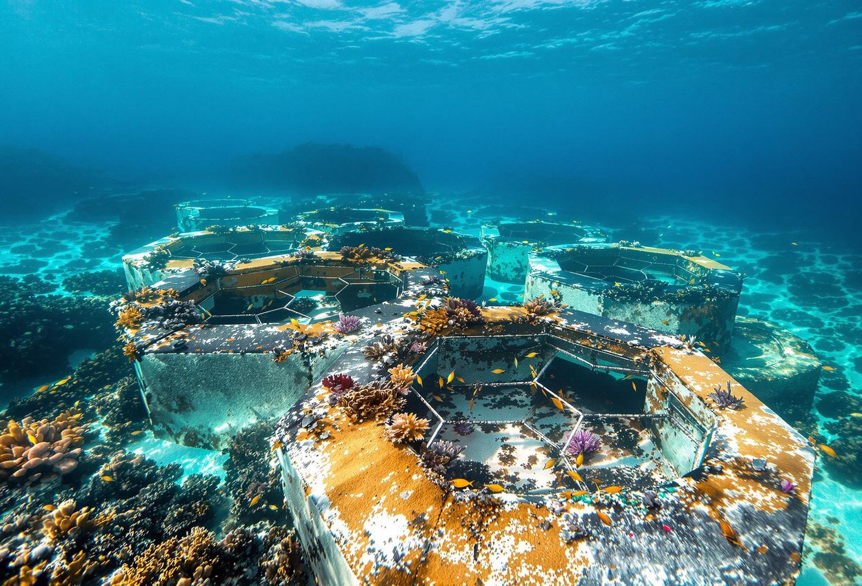 An underwater photograph showcases the artificial reef restoration structures in Nusa Penida, Indonesia, teeming with marine life. The image highlights ecological engineering and habitat creation.