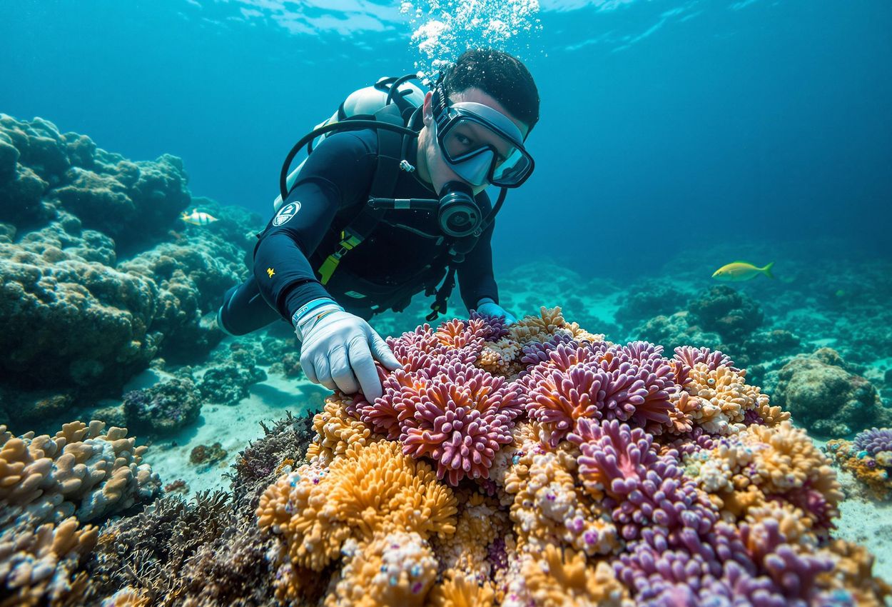 An underwater photograph capturing the delicate process of coral outplanting at Molasses Reef in the Florida Keys, showcasing the beauty of marine restoration.
